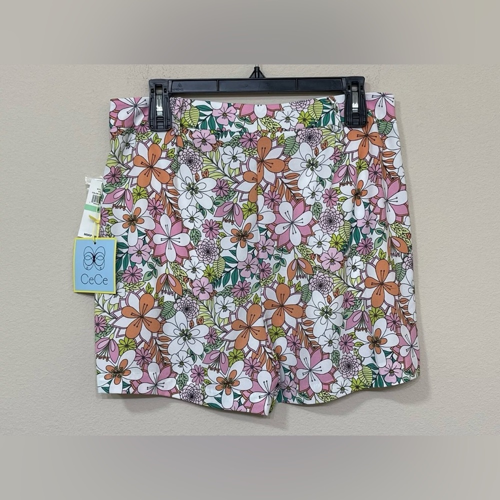 CeCe Women’s White & Pink Floral Print Mid Rise Pockets Lightweight Shorts s 8